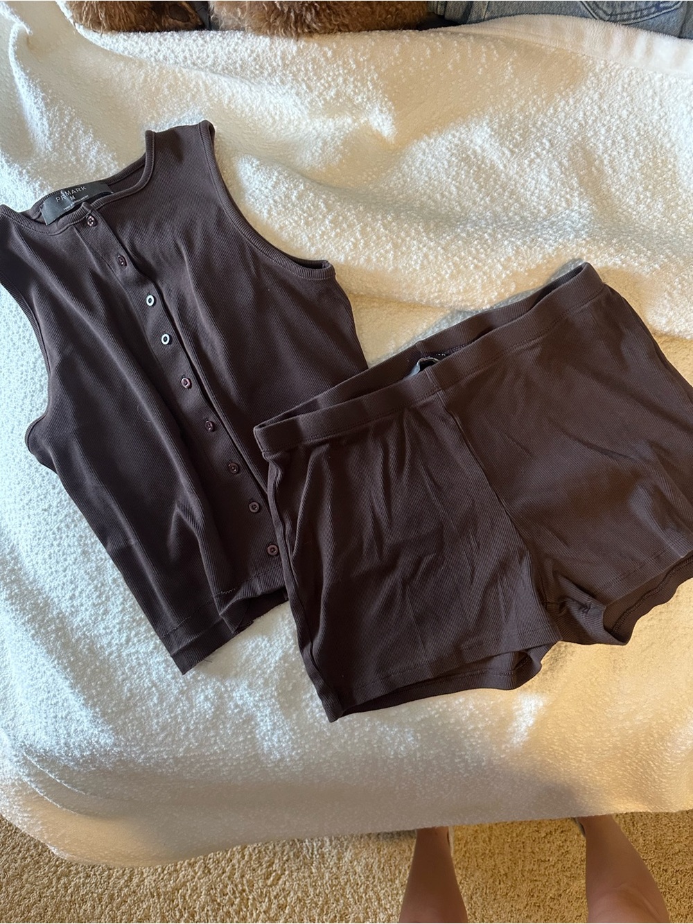 Women’s Brown Ribbed Button Tank & Shorts  Set